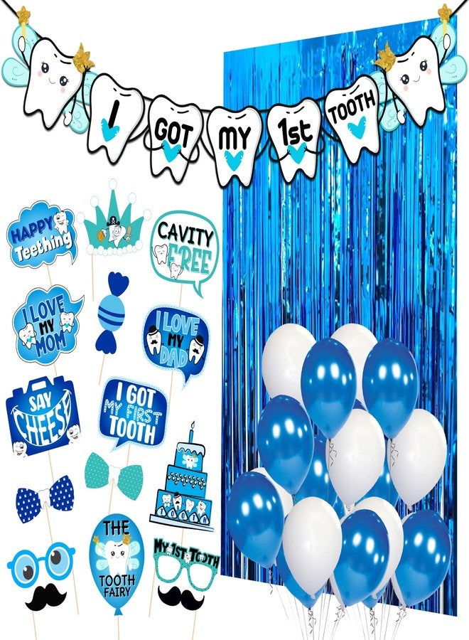 Zyozique I Got My First Tooth Photo Booth Props and I Got My First Tooth Paper Banner With Balloons /First Tooth Decoration/First Tooth Decoration Items for Baby (Pack of 43) Blue - Image 1